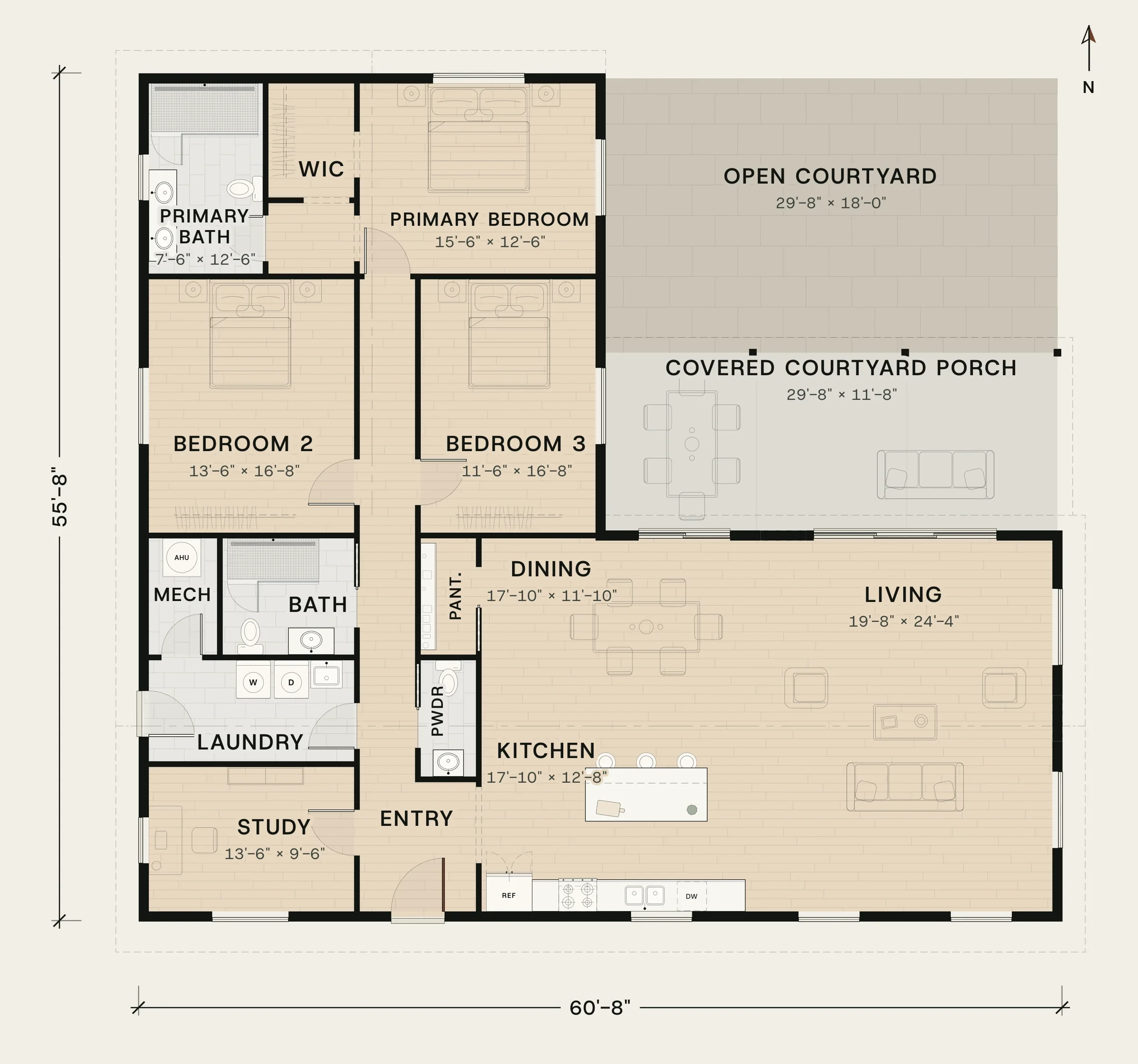 Floor plan of Stillwater: 2,477 sq ft, 3 bedrooms, 2.5 baths, an L-shaped house around a 30 × 30 ft courtyard with a covered porch.