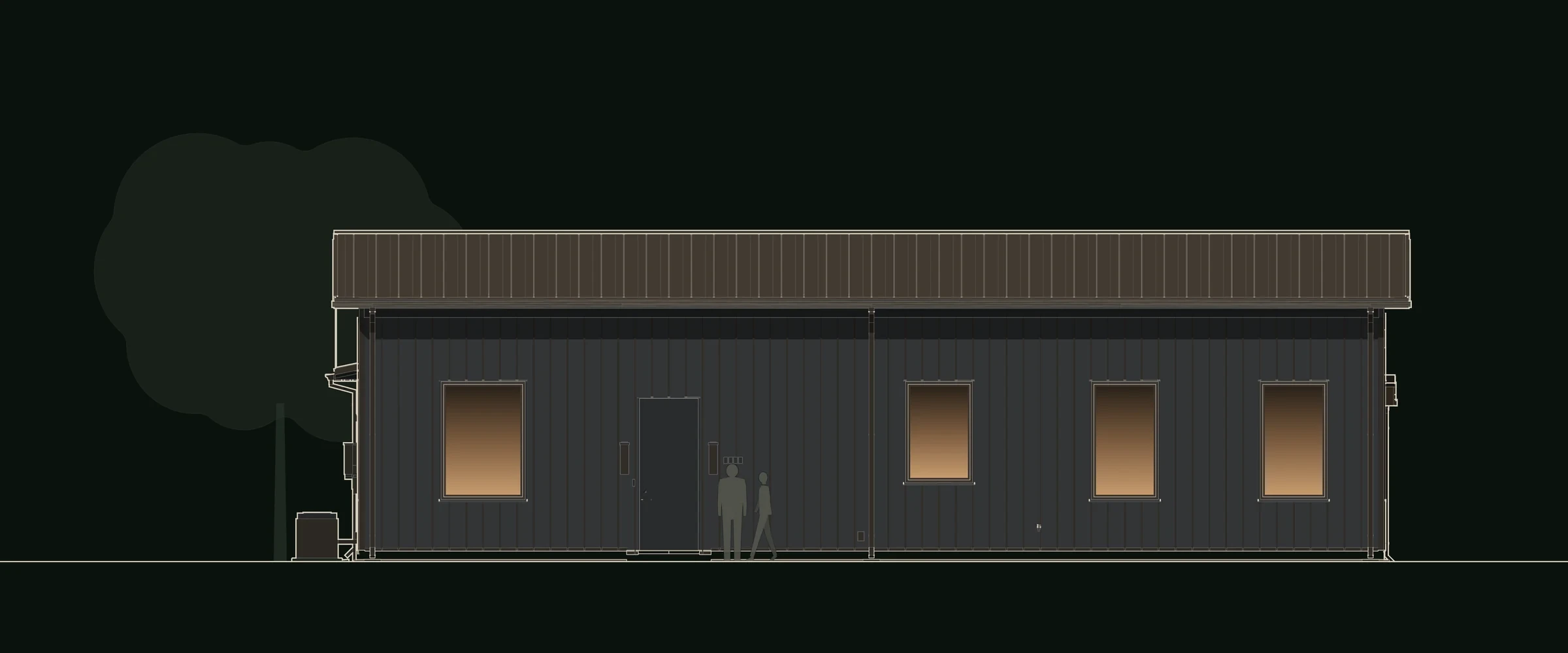 Front elevation drawing of Stillwater: the long dark metal gathering bar under a low standing-seam roof, with the entry door and four tall windows. Stillwater, a courtyard barndominium plan by House of KNA.