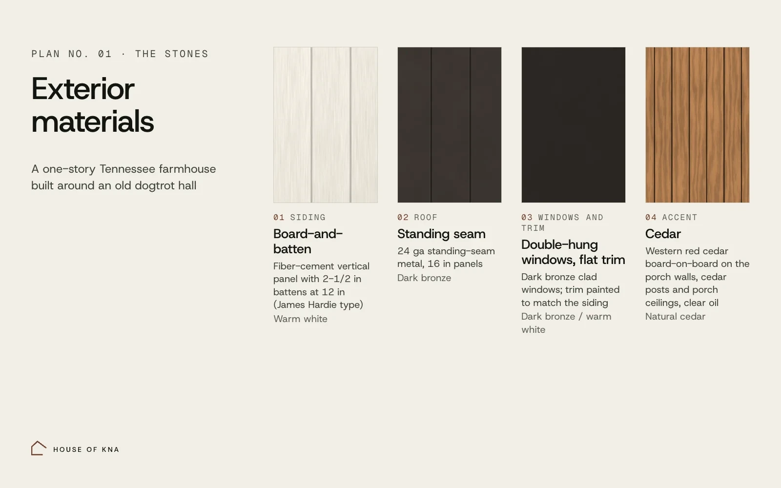 Exterior materials for The Stones: board-and-batten, standing seam, double-hung windows, flat trim, cedar.