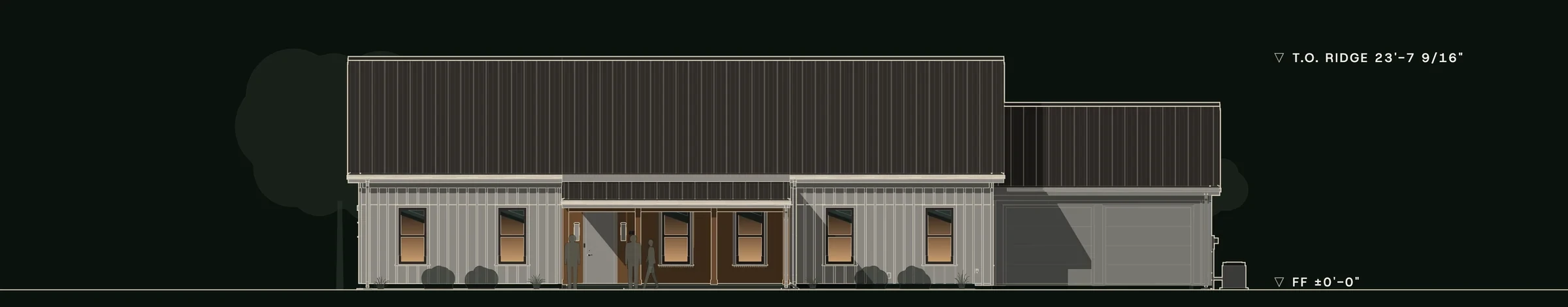 Front (South) elevation of The Stones, drawn from the model.