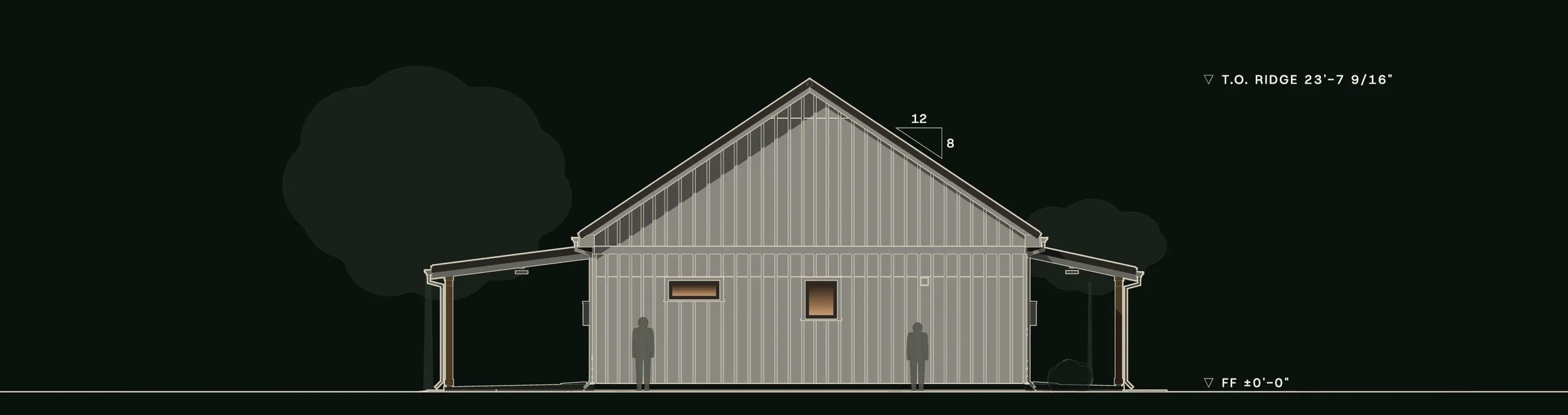 Left (West) elevation of The Stones, drawn from the model.