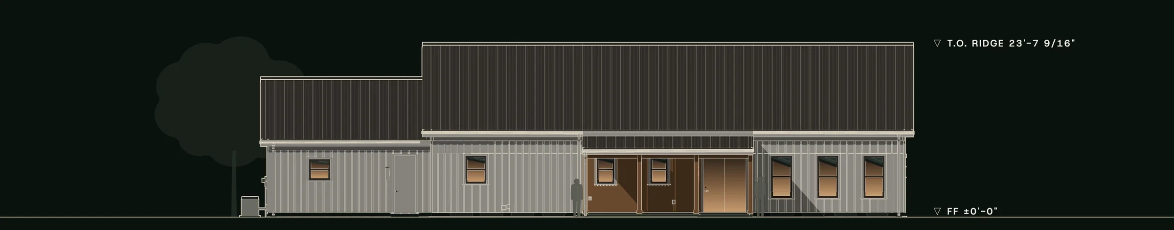 Rear (North) elevation of The Stones, drawn from the model.