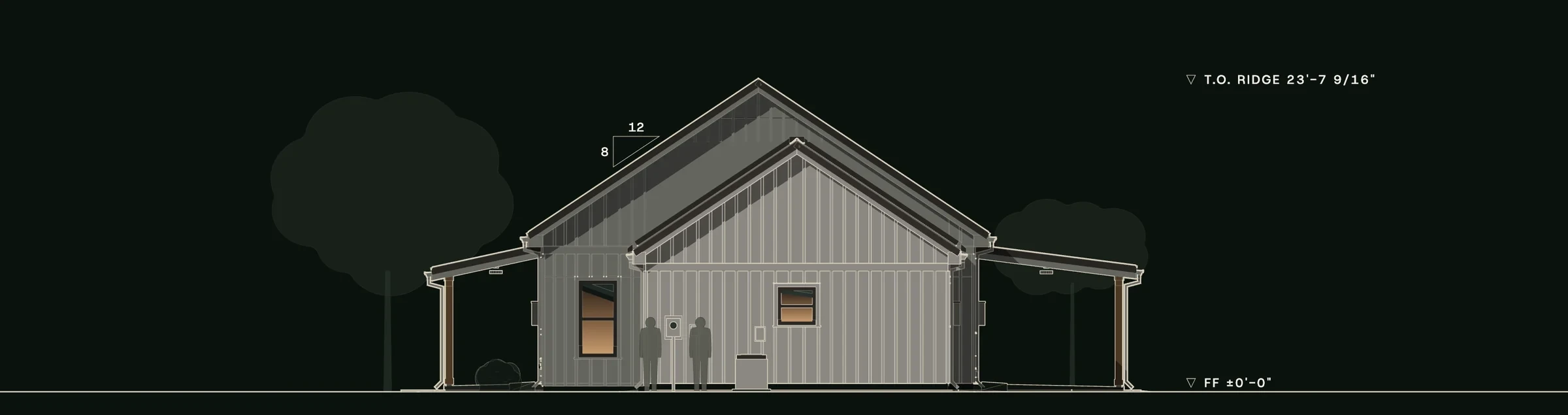 Right (East) elevation of The Stones, drawn from the model.