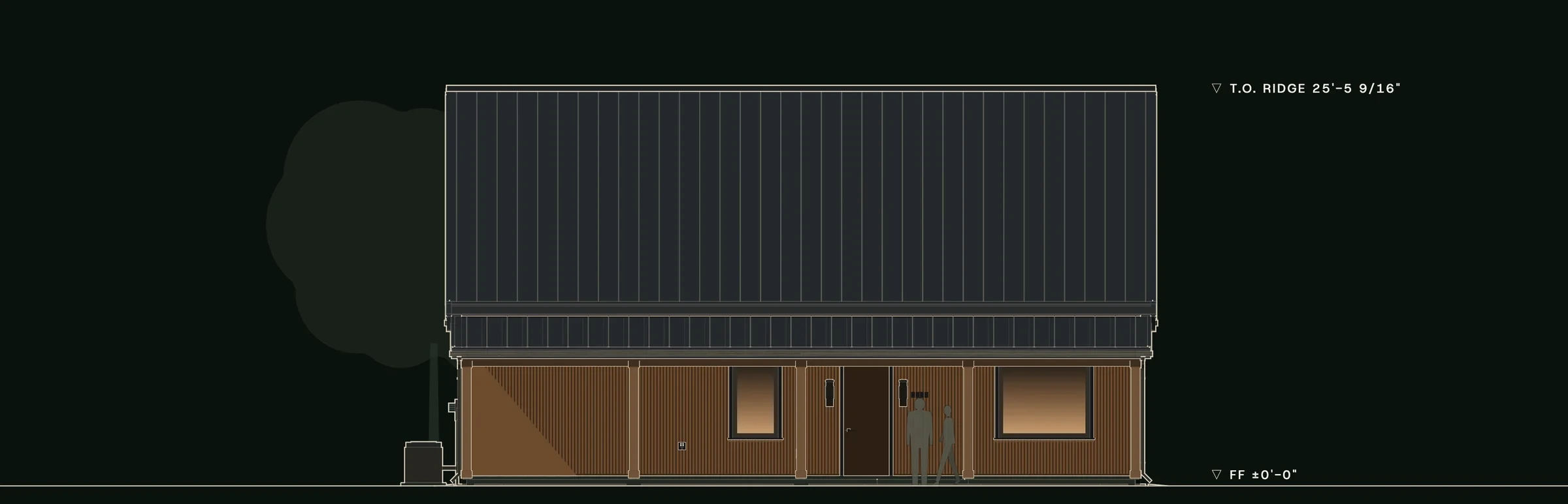 Front (south) elevation of Switchgrass: the long porch of warm wood siding under the broad, dark 8:12 roof.