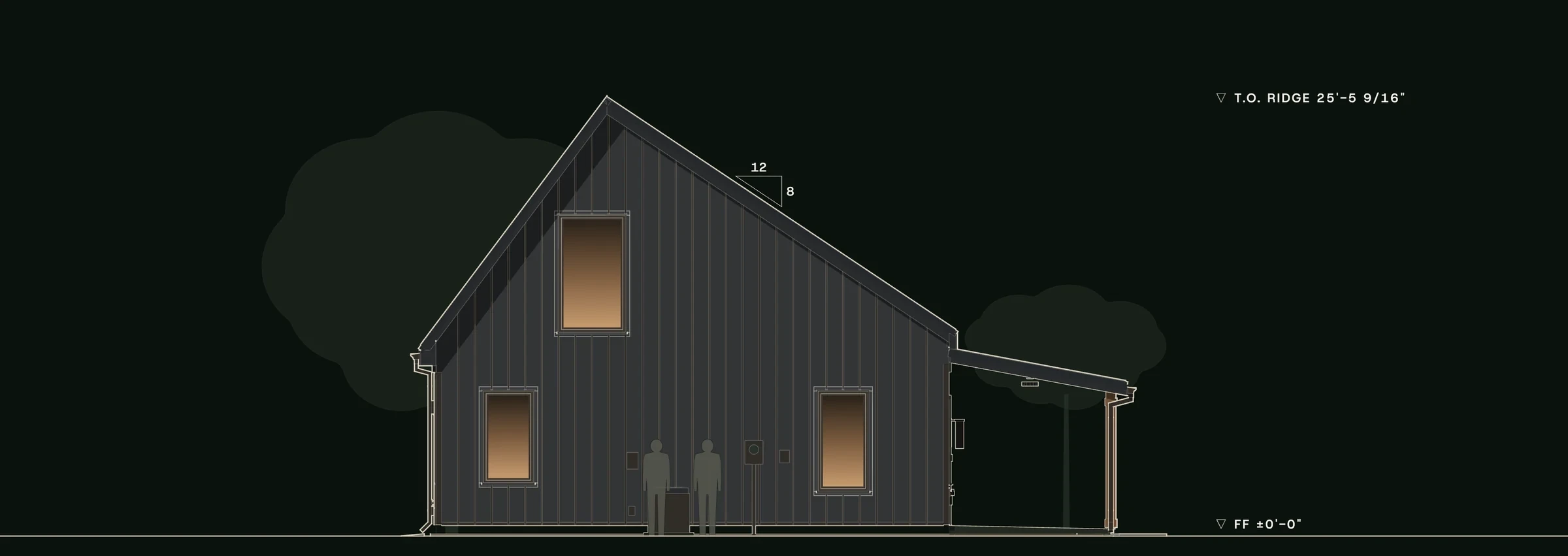 Left (west) elevation of Switchgrass: the saltbox gable end in graphite metal, its high loft window and the porch roof.