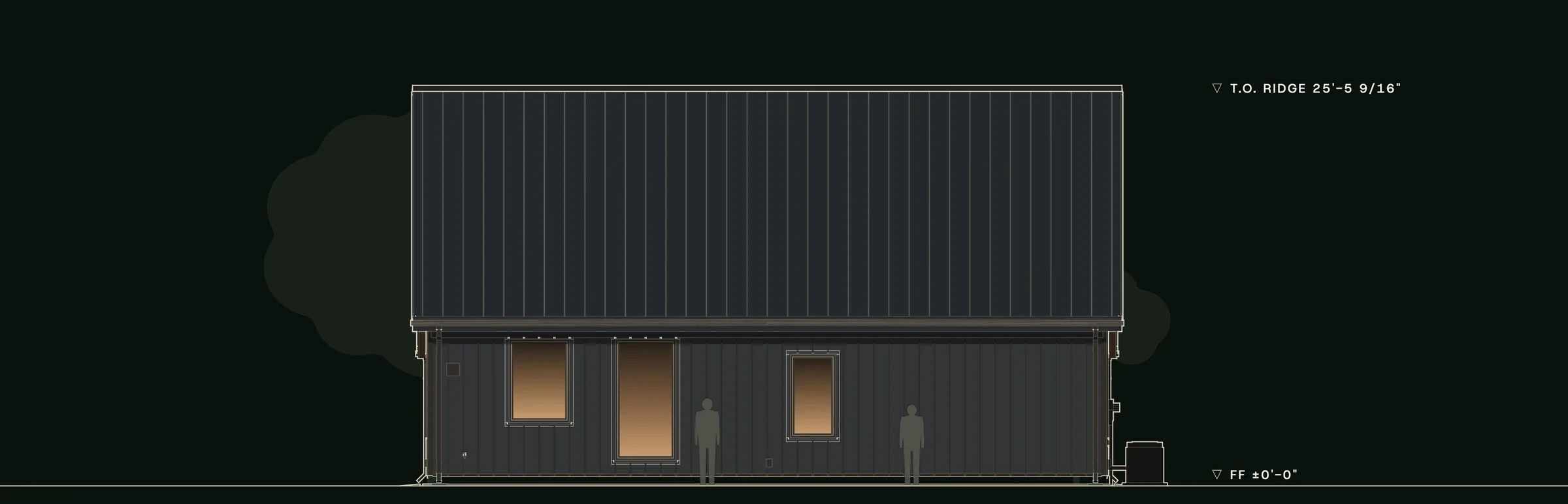 Rear (north) elevation of Switchgrass: the steep, dark 16:12 roof over graphite metal walls and three windows.