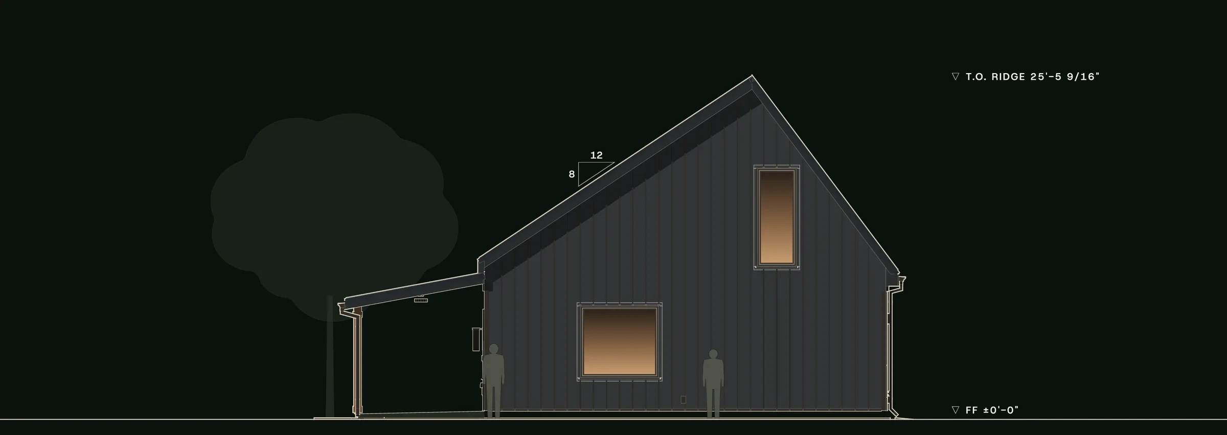 Right (east) elevation of Switchgrass: the saltbox gable end with a tall upper window and a wide window into the living room, and the porch roof.
