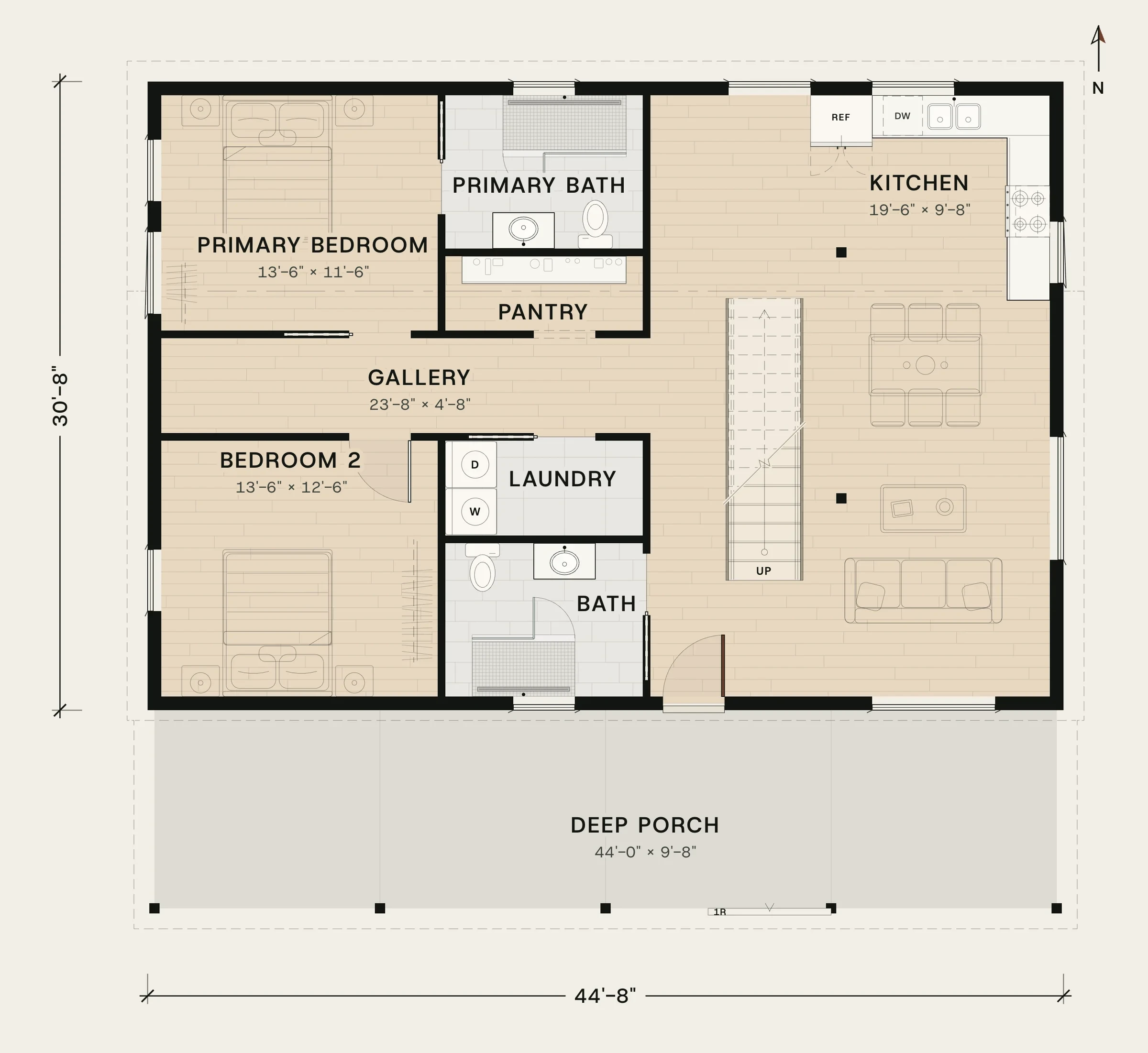 Main floor plan of Switchgrass: 2 bedrooms, 2 baths, a tall living room and kitchen, with a 44-foot porch. 1,843 sq ft with the loft.