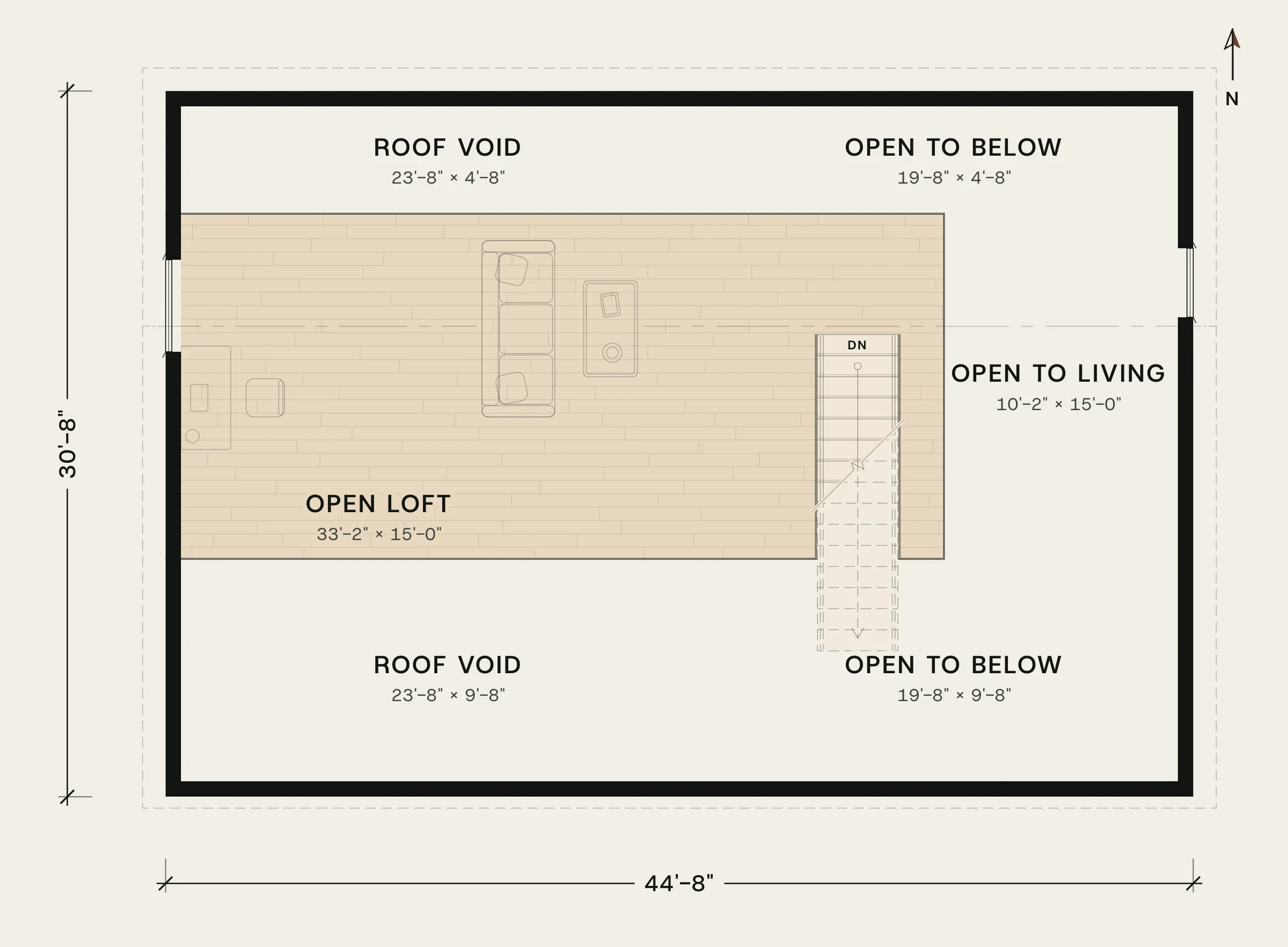 Loft plan of Switchgrass: a 457 sq ft open loft over the middle of the house, open to the living room below, with roof voids at each side.