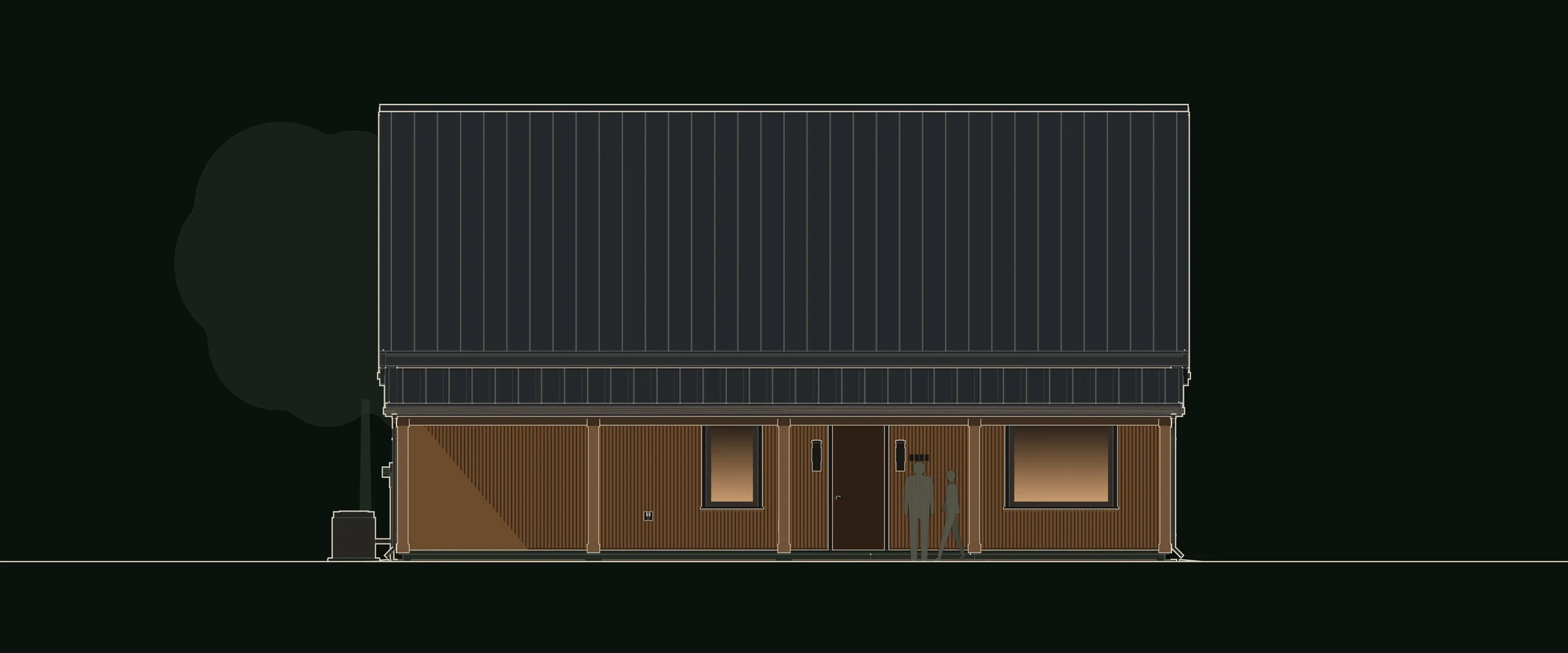 Front elevation drawing of Switchgrass: a long porch of warm wood siding under a broad, dark 8:12 standing-seam roof. Switchgrass, a barndominium plan by House of KNA.