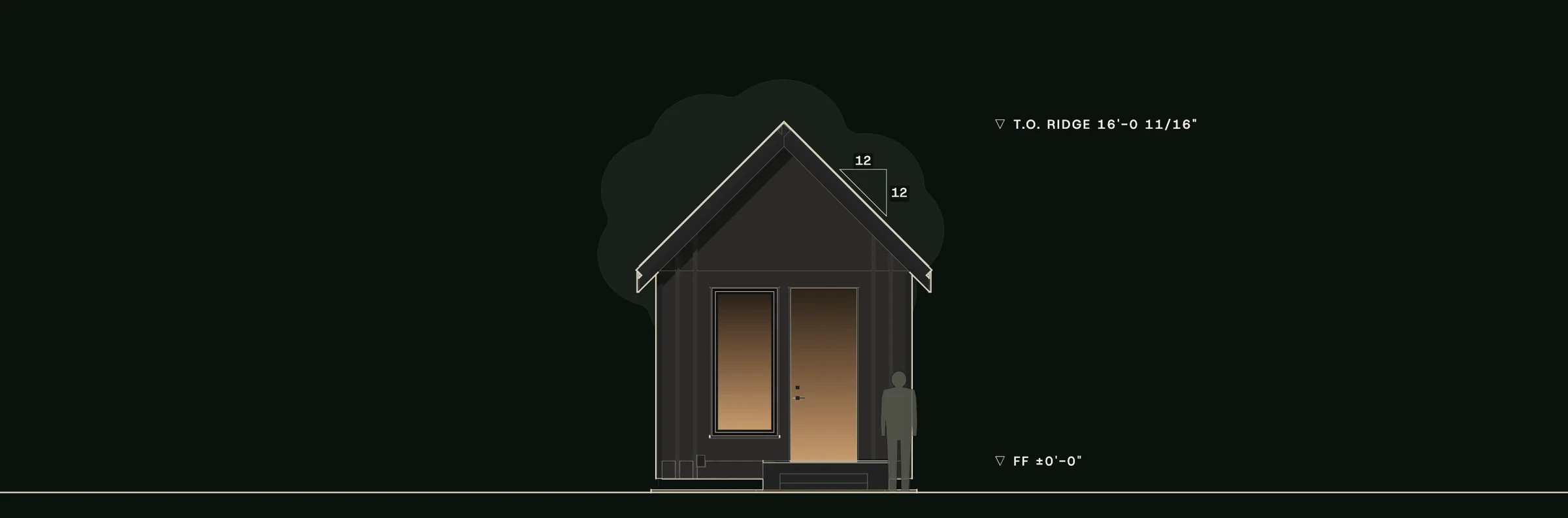 Front (north) elevation of The Wolf: the glass end, a full-lite door and a tall fixed window under the steep 12:12 gable, with the stoop.