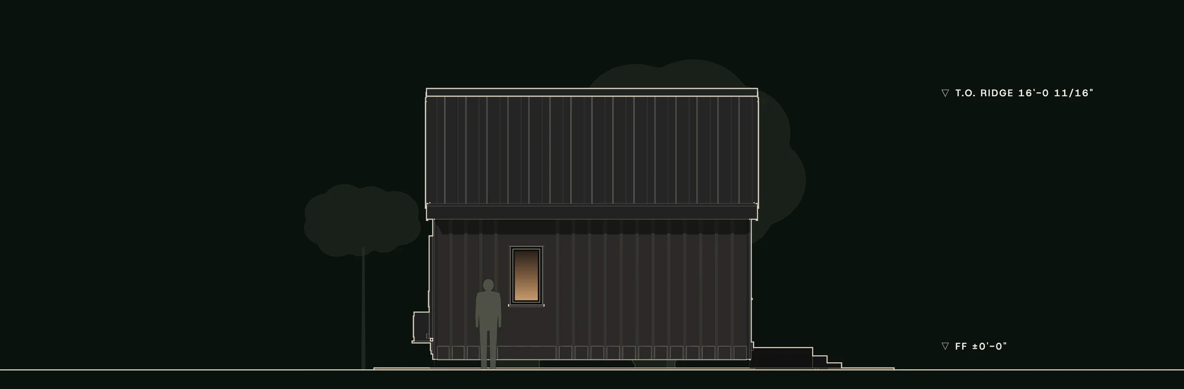 Left (east) elevation of The Wolf: the 20-foot side under the black standing-seam roof, one window and the stoop at the glass end.