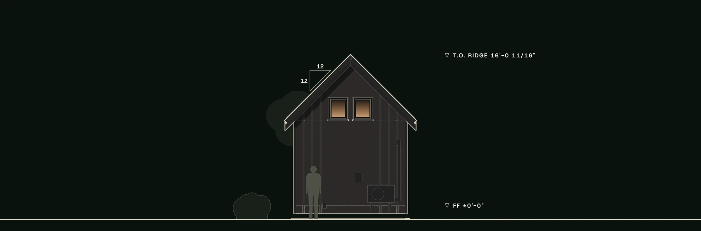 Rear (south) elevation of The Wolf: the loft end, with two loft windows high in the gable and the mini-split unit below.