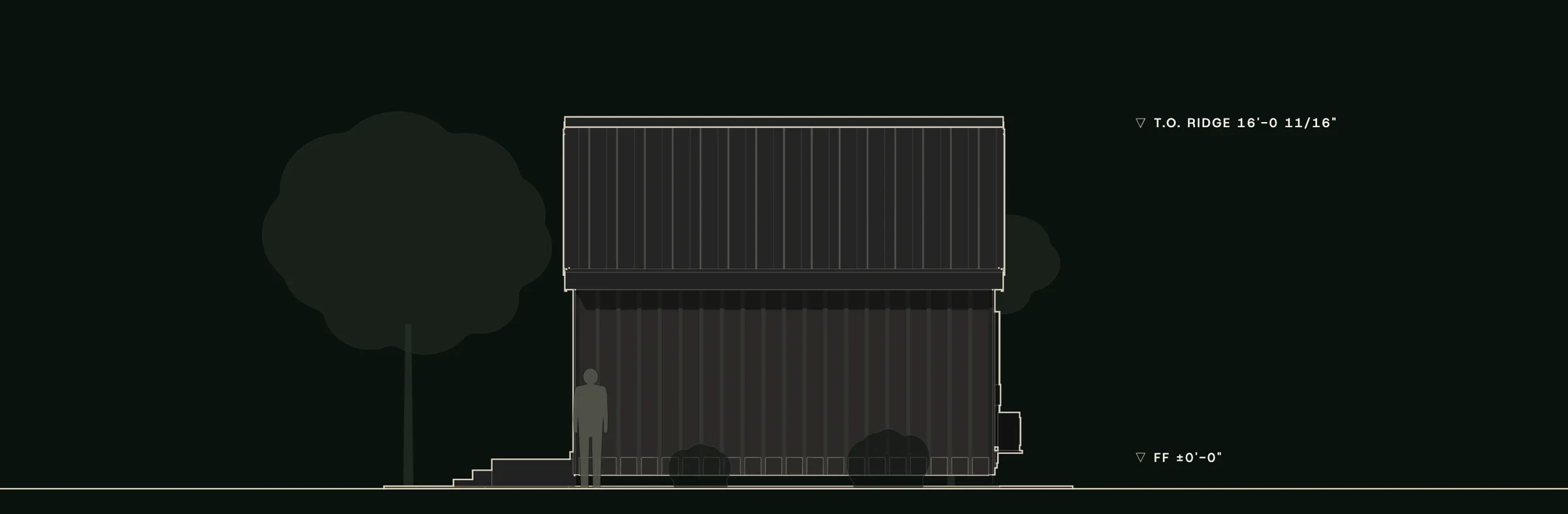 Right (west) elevation of The Wolf: the plain 20-foot side under the black standing-seam roof.