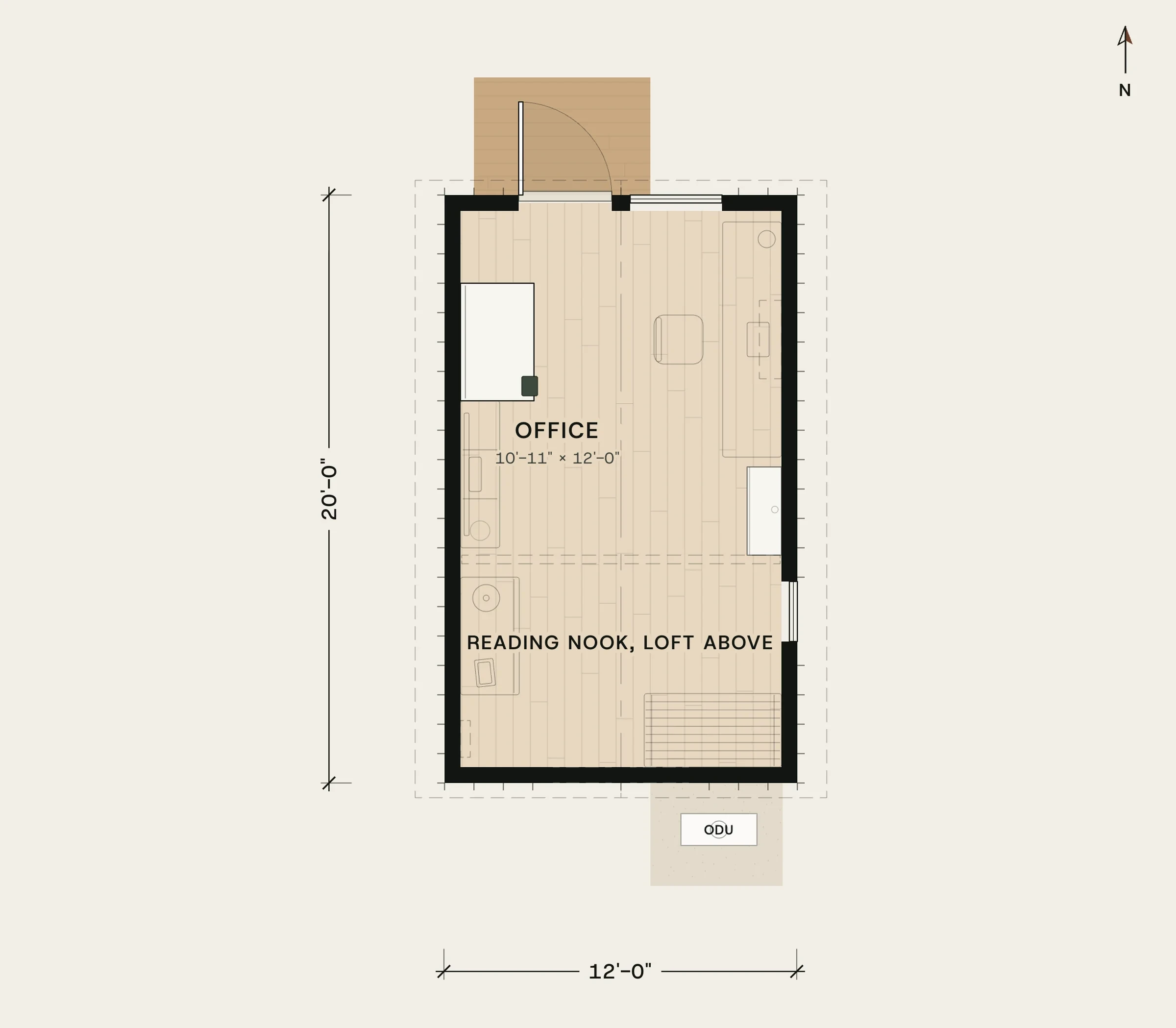 Floor plan of the 12 × 20 Wolf: one room with the desk at the glass end and a reading nook under the loft at the other, 12'-0" by 20'-0".