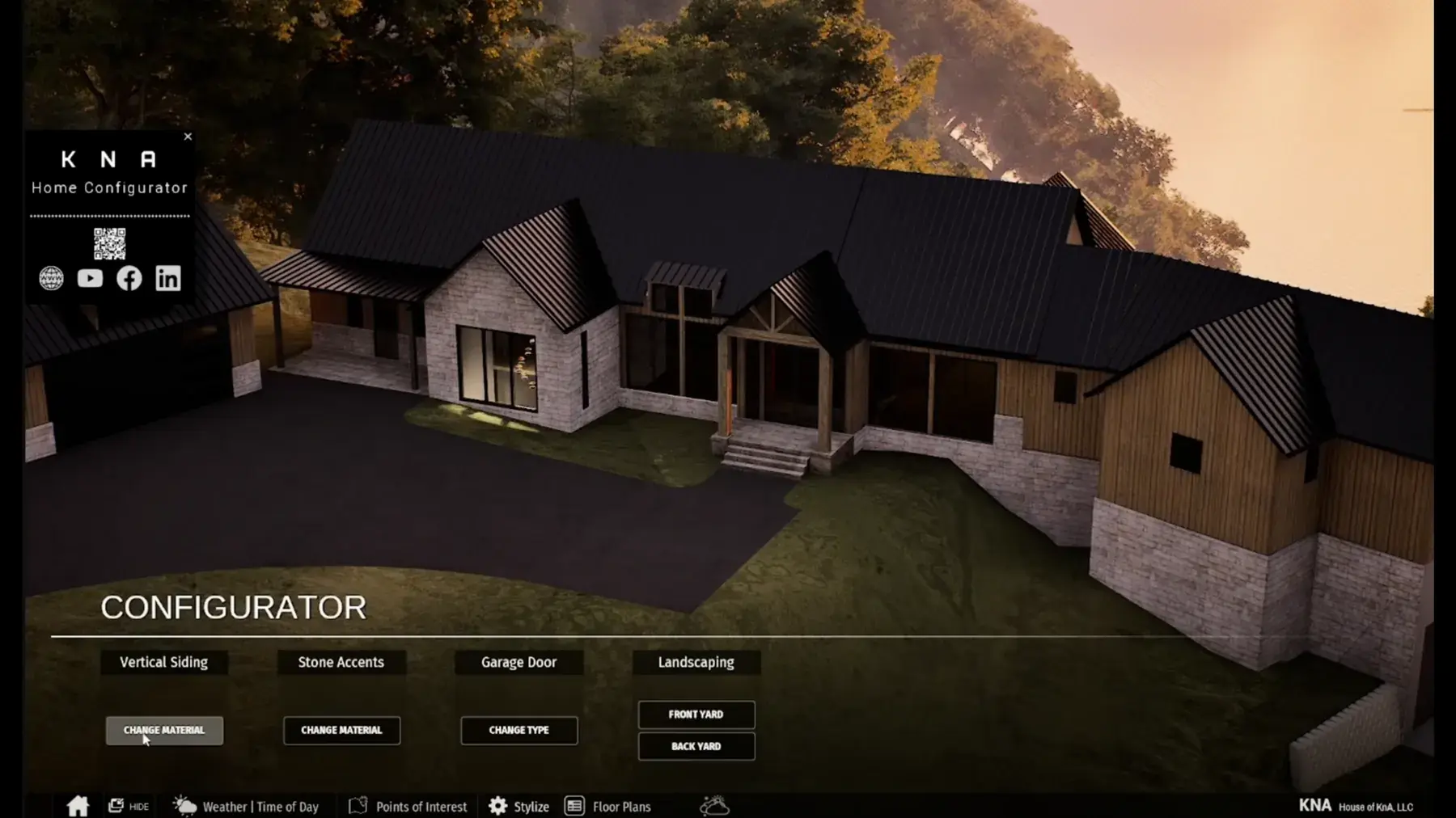 Interactive lake house configurator showing the home and material controls
