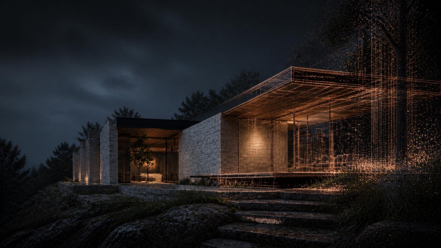 House of KNA concept study transitioning from a finished residence into copper spatial geometry
