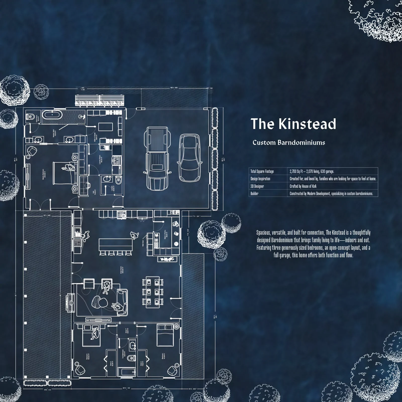Kinstead barndominium floor plan and exterior rendering