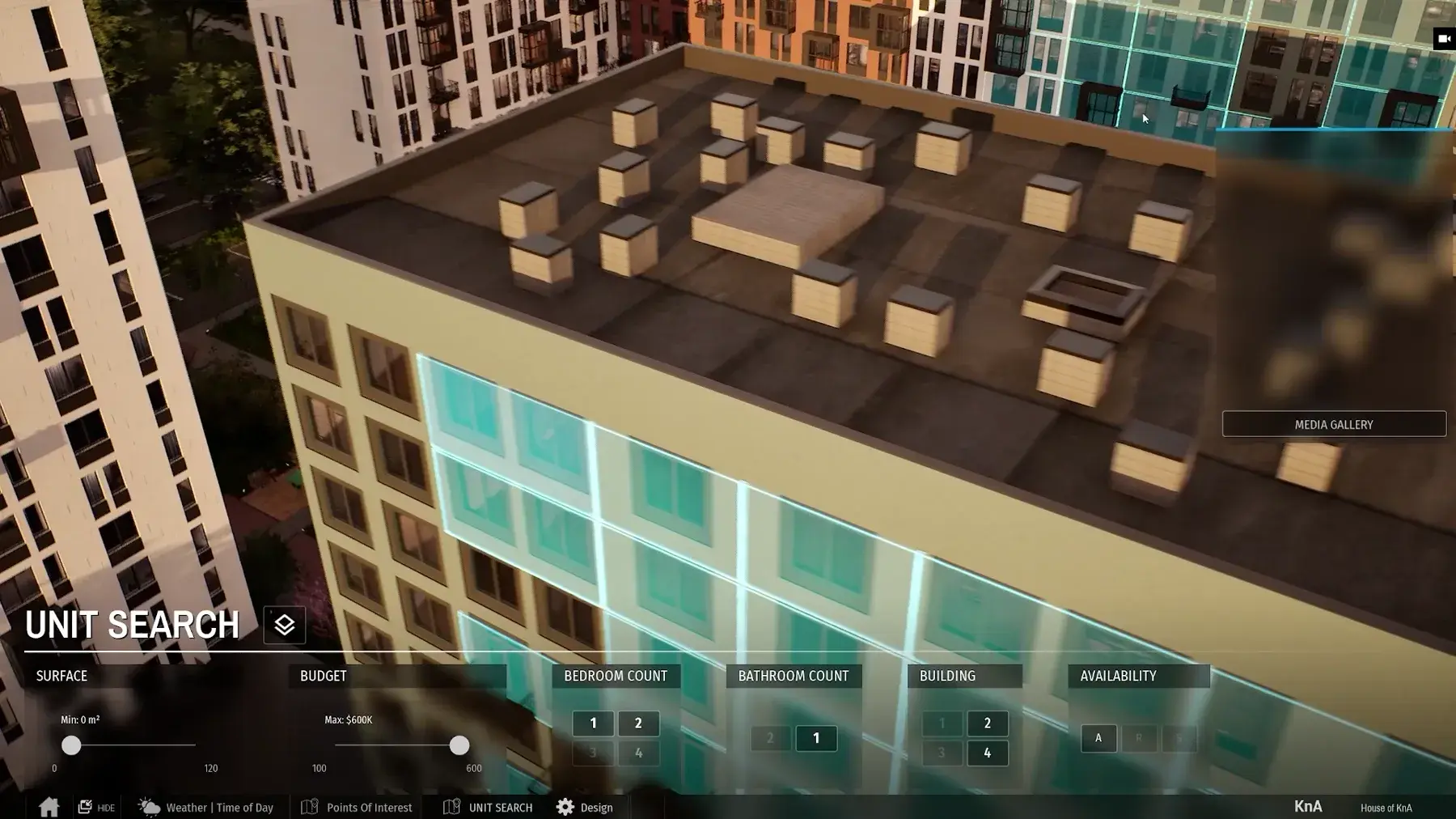 Apartment viewer focused on a building and available unit controls