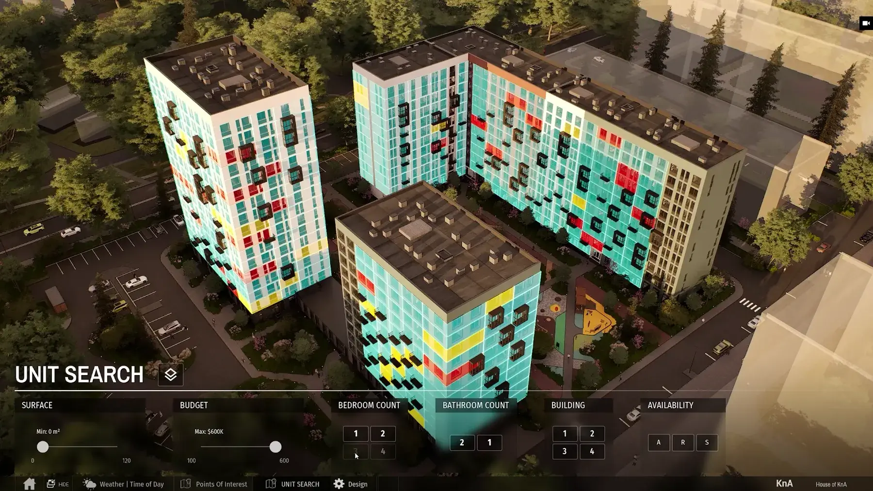 Interactive apartment property viewer with unit search controls