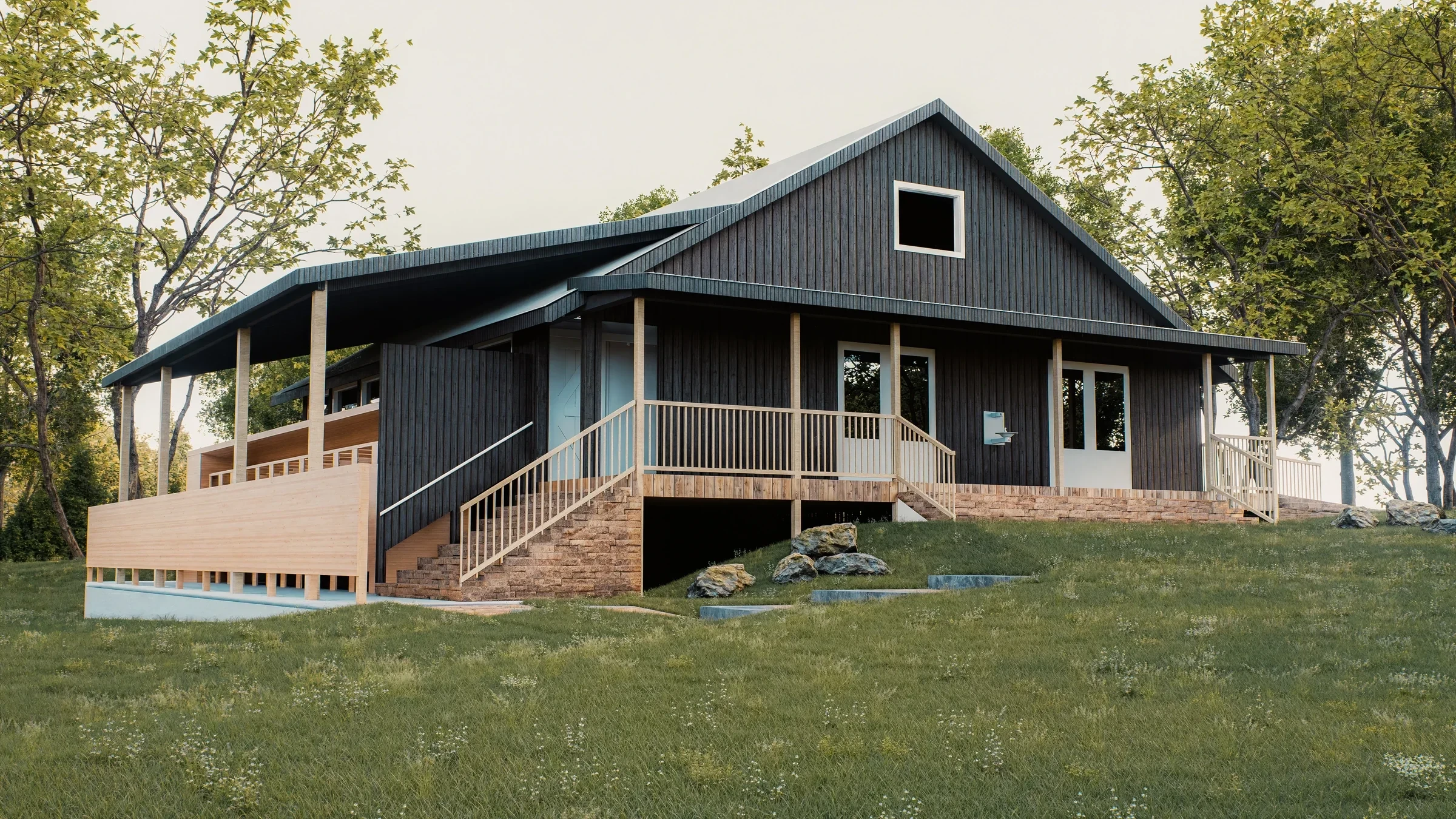 The proposed bathhouse remodel on its hillside: dark board siding, a wood porch and stone steps under the trees