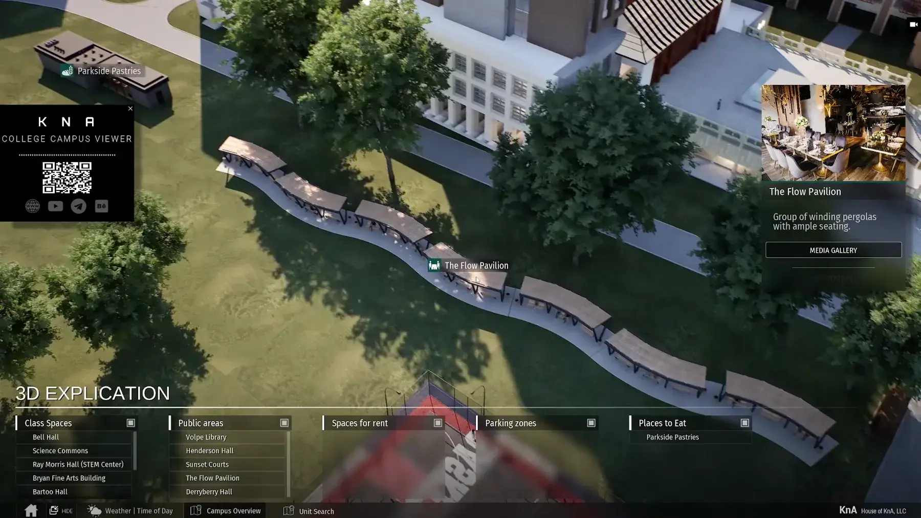 Interactive campus viewer with buildings and destinations identified