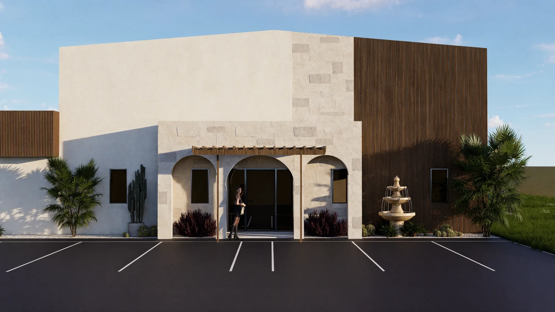 Contemporary med spa exterior with pale stone, dark timber screens, and arched entry
