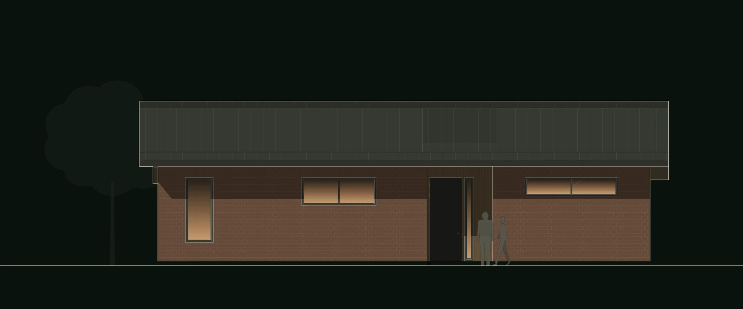 Front elevation drawing of The Collins: a long, low clay-brick house under a shallow roof, with high window ribbons, one tall slot window and a timber-lined entry. The Collins, a midcentury garden-court house plan by House of KNA.