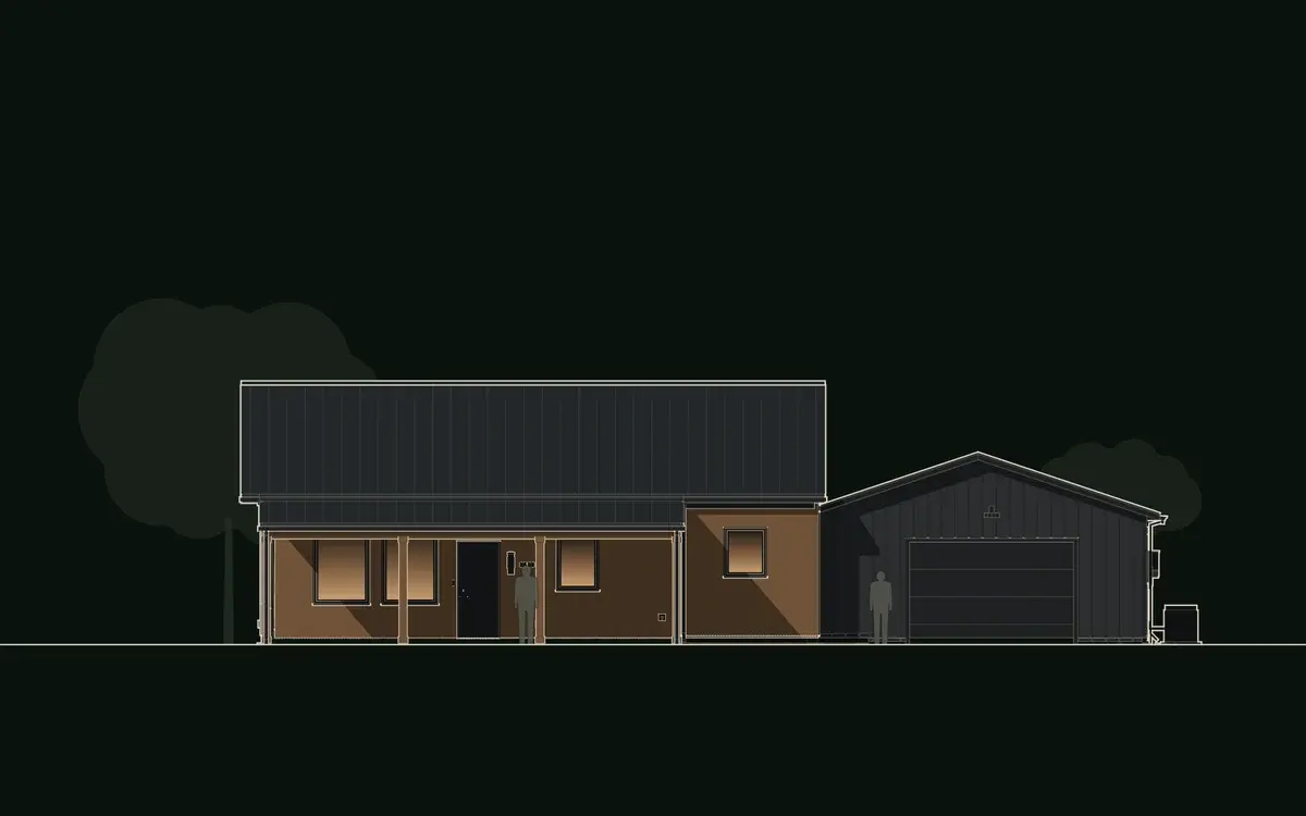 Front elevation drawing of Forge: a cedar-faced house with a front porch under a charcoal 6:12 standing-seam roof, beside a lower charcoal metal shop gable with its overhead door. Forge, a barndominium plan by House of KNA.