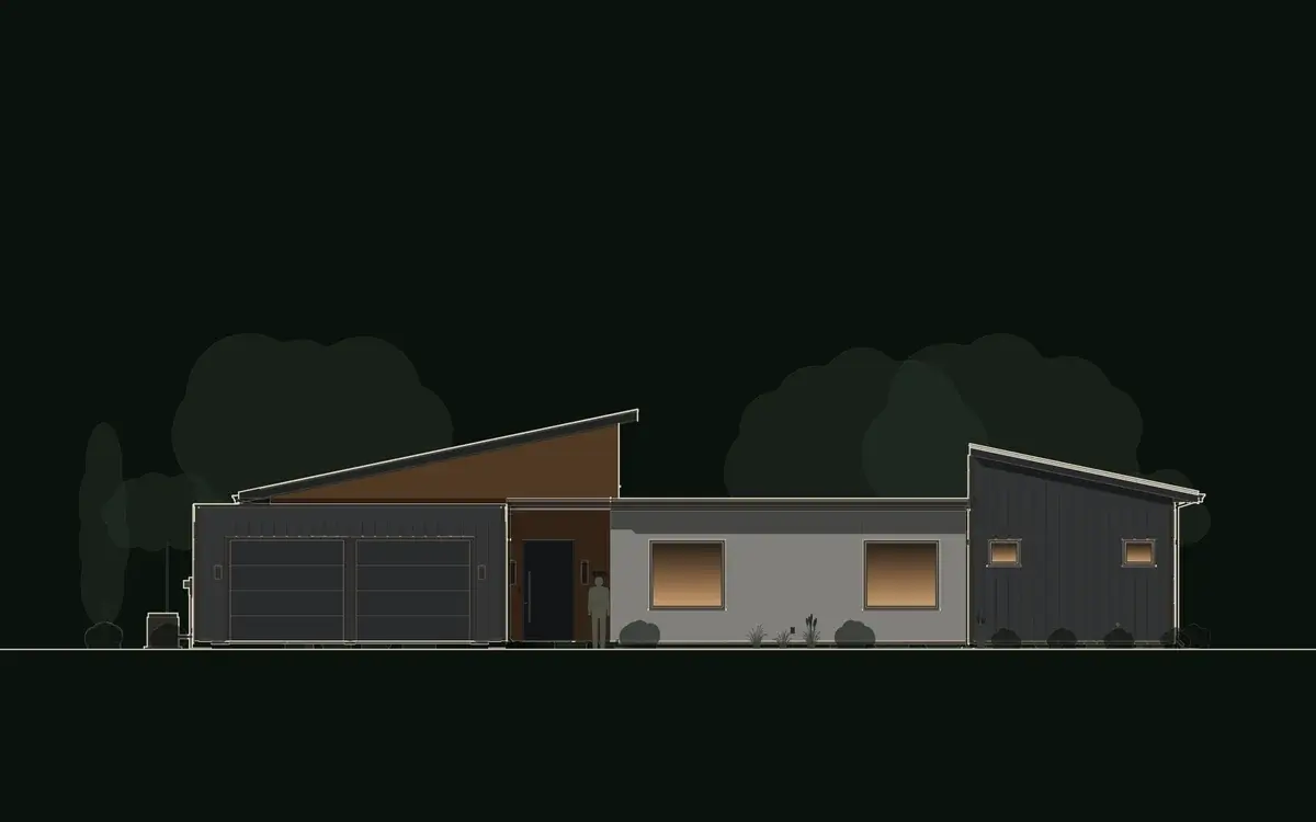 Front elevation drawing of The Harpeth: the dark metal garage with the cedar great room's shed roof rising behind it, the cedar entry, the white plaster bedroom wing and the dark metal primary suite under its own shed roof. The Harpeth, a modern courtyard house plan by House of KNA.
