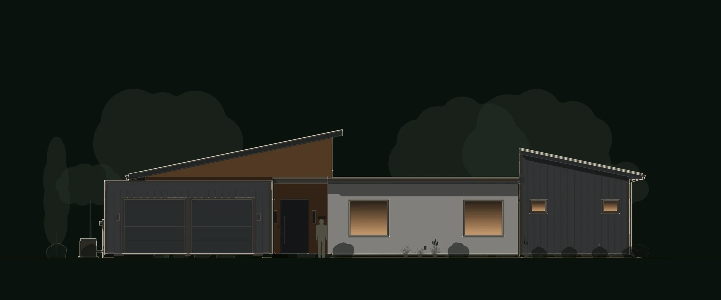 Front elevation drawing of The Harpeth: the dark metal garage with the cedar great room's shed roof rising behind it, the cedar entry, the white plaster bedroom wing and the dark metal primary suite under its own shed roof. The Harpeth, a modern courtyard house plan by House of KNA.