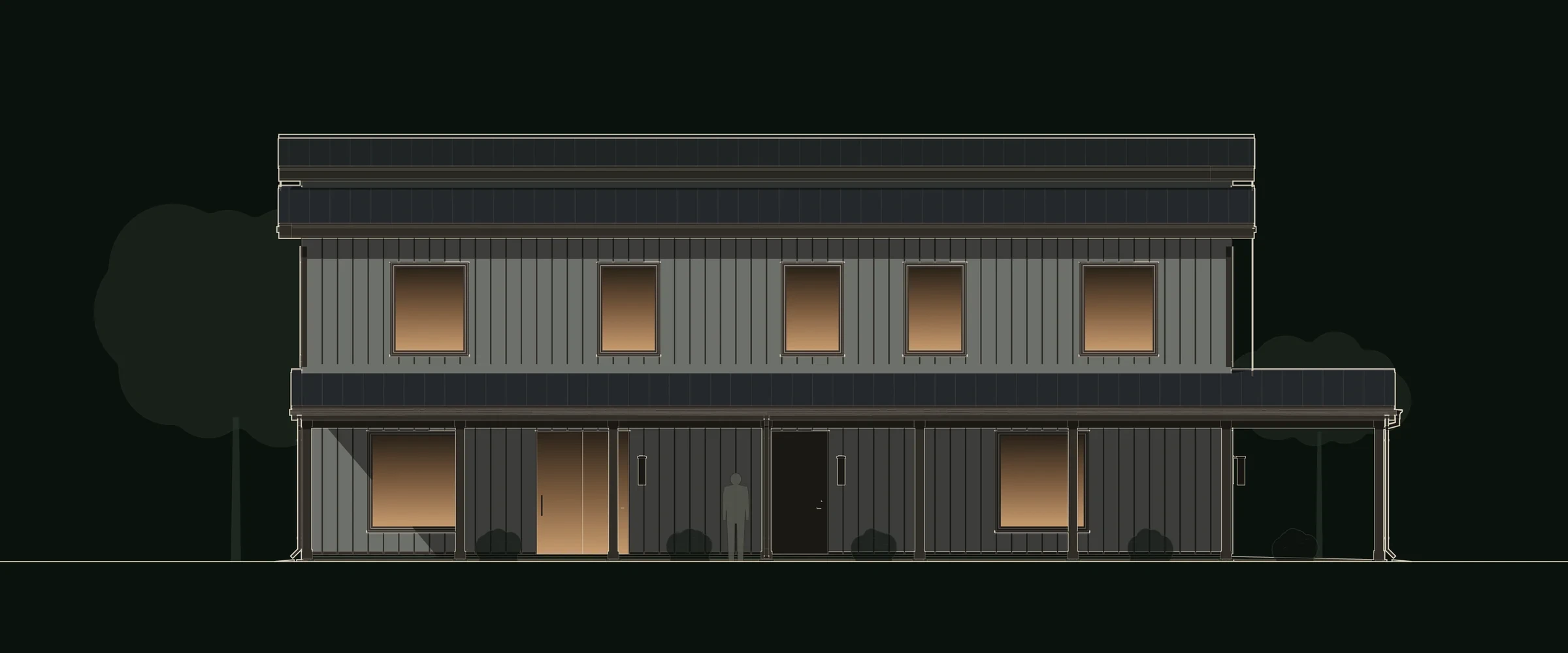 Front elevation drawing of Haycrest: a two-story house in light gray vertical metal under a charcoal standing-seam roof with a raised monitor, with a deep porch across the front and turning the east corner. Haycrest, a barndominium plan by House of KNA.