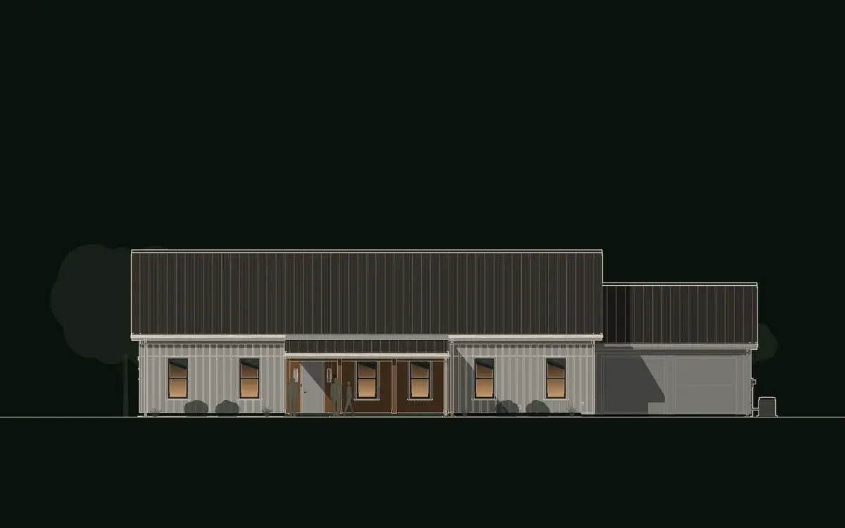 Front elevation drawing of The Stones: two white board-and-batten wings under one long standing-seam roof, the cedar-clad porch between them and the garage stepped back on the right. The Stones, a one-story dogtrot farmhouse house plan by House of KNA.