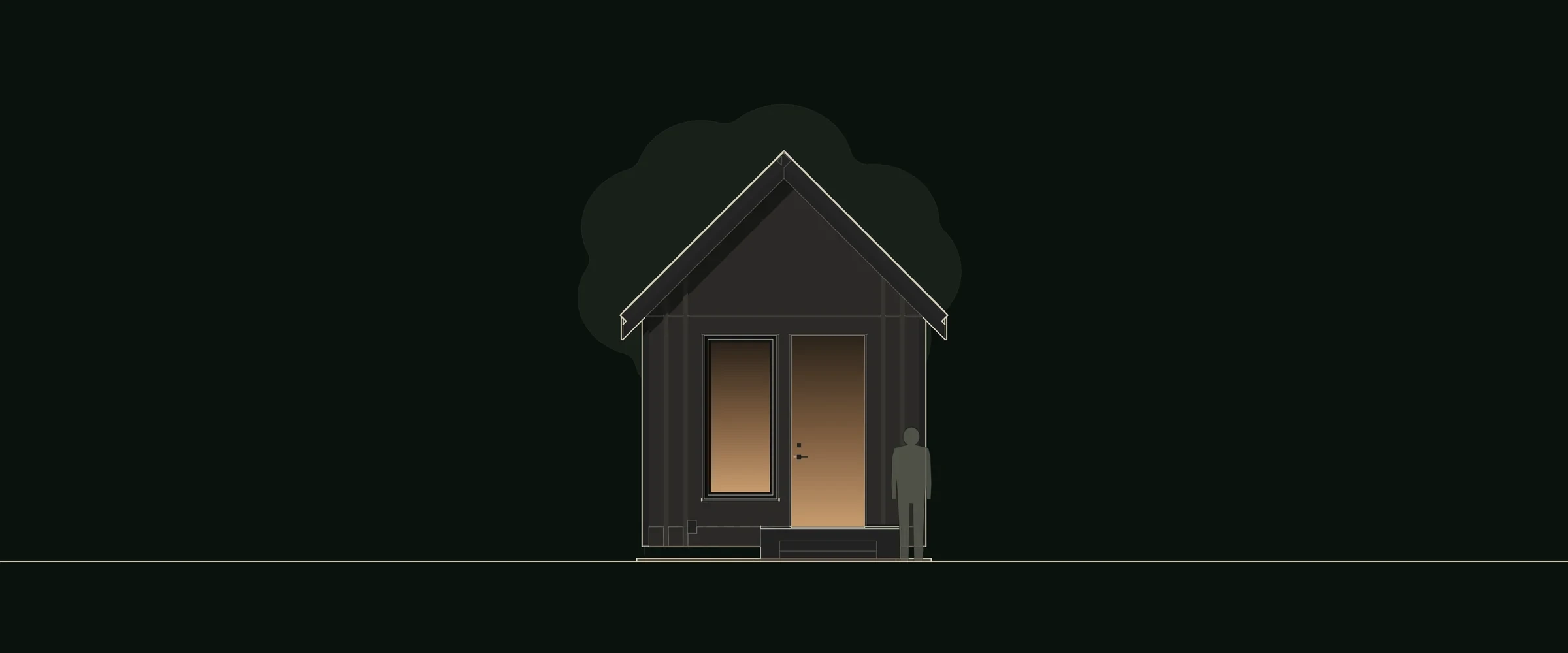 Front elevation drawing of The Wolf: the glass entry gable of the 12 × 20 studio, a full-lite door and a tall window in near-black board-and-batten walls under a steep black 12:12 standing-seam roof, with a stoop. The Wolf, a small studio plan with a loft by House of KNA.